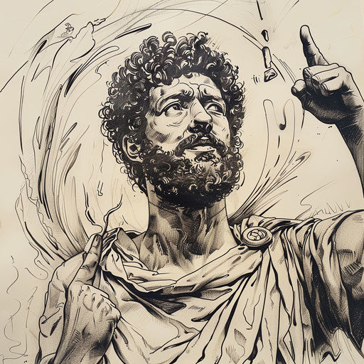 Dynamic flat tattoo sketch of Marcus Aurelius in debate pose with rhetorical flourishes