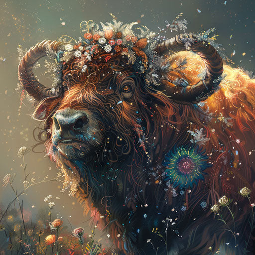 Musk ox with playful and whimsical elements