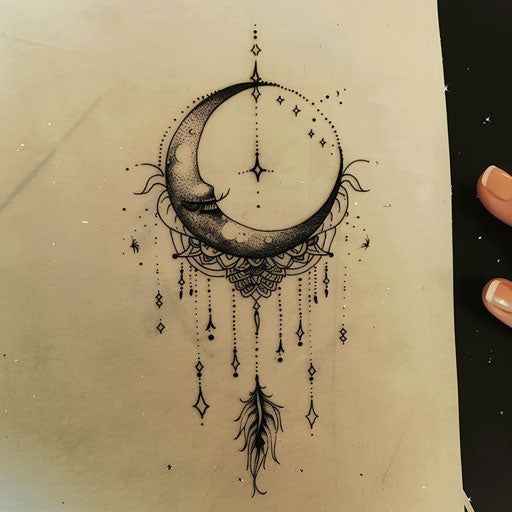 Bohemian tattoo sketch of a crescent moon with dangling feathers and beads