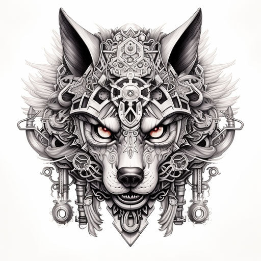 Samurai wolf head with skull shield in black and white