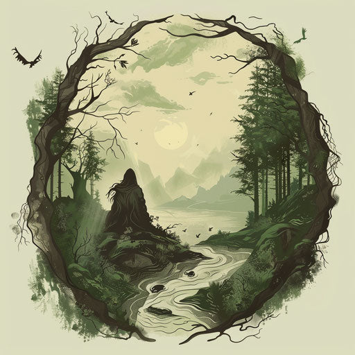 Serene tattoo sketch of Baldur in a tranquil forest scene