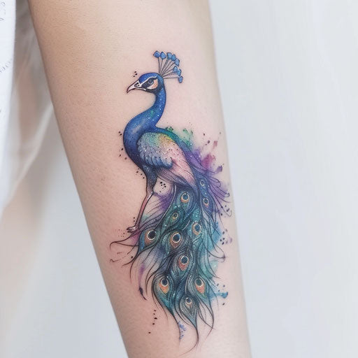 Watercolor peacock tattoo, purple, blue, green on white
