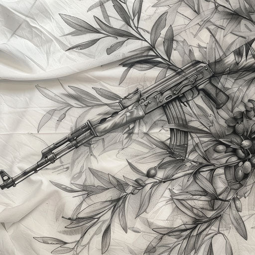 Abstract tattoo symbolizing peace and war with olive branches and rifles, on a white sheet.