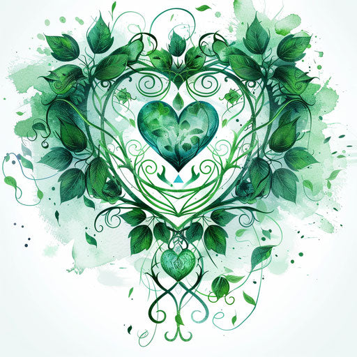 Green Heart Chakra tattoo illustration, interwoven leaves and air symbols on white background