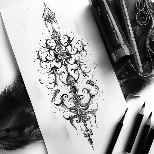 Unalome tattoo in gothic style on white paper texture