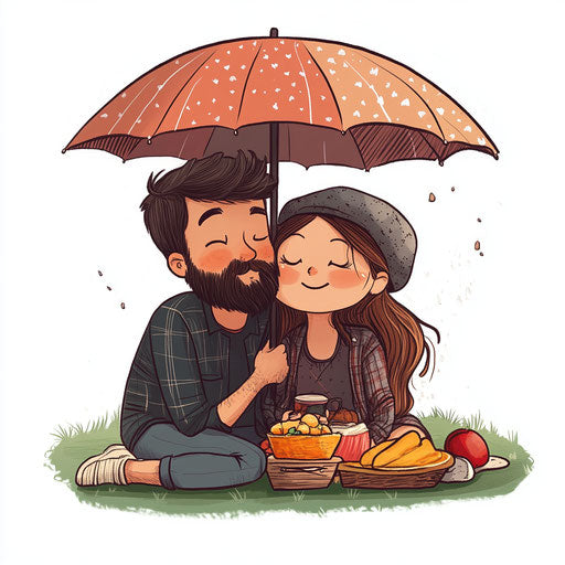 Adorable couple having a romantic picnic under umbrellas