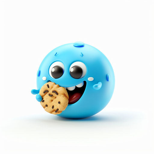 Emoji of cute blue sphere character eating cookie