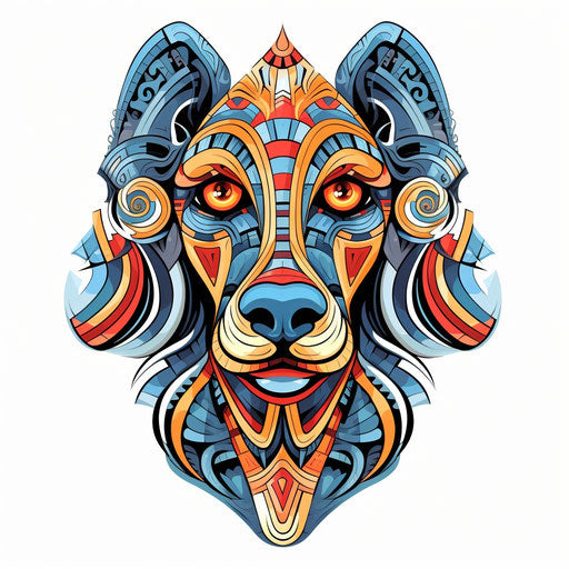 Sphinx head with ornamental pattern on white background, canine figures