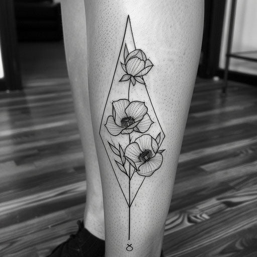 Geometric wildflower tattoo, sharp lines and soft petals, black ink