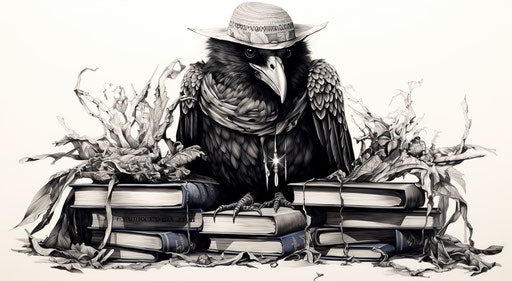 Raven on stack of books in skull style, detailed motifs