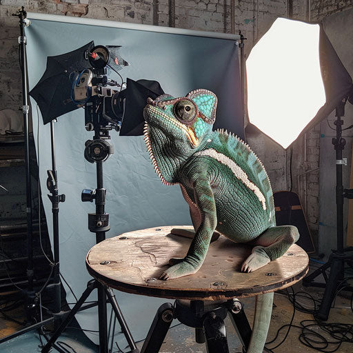 Chameleon in a photographer's studio with various backdrops and lighting