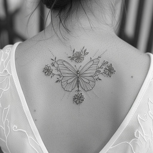Delicate butterfly fine line tattoo in the style of Humberto Ramos