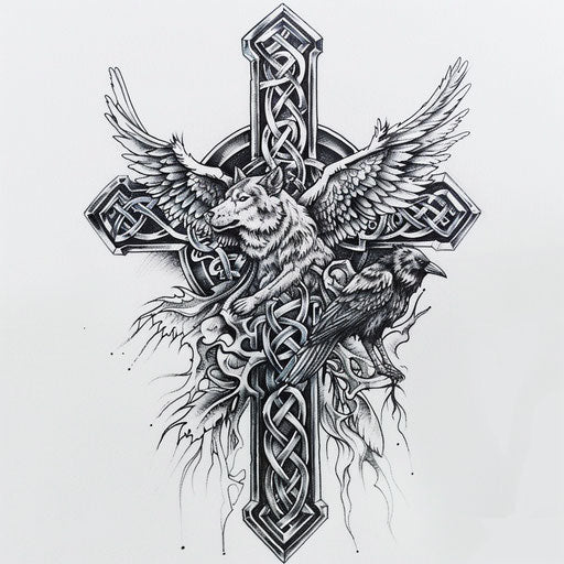 Celtic cross tattoo with animal themes, wolves ravens in white