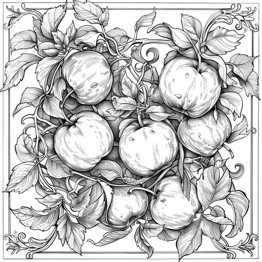 Complex abstract design with apples and vines