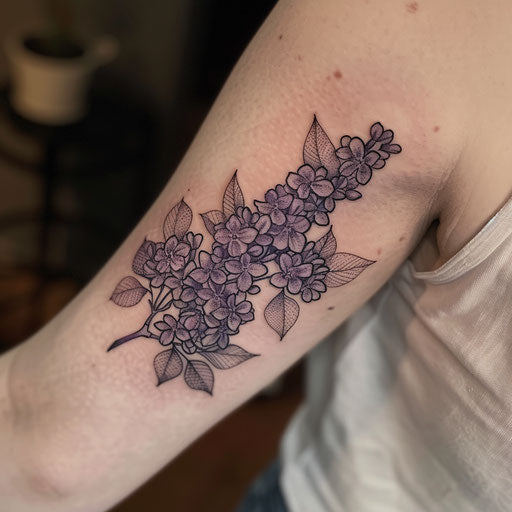 Lilac tattoo with intense black shading and creative linework on white sheet