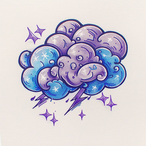 Cartoon cloud with playful purple lightning bolts