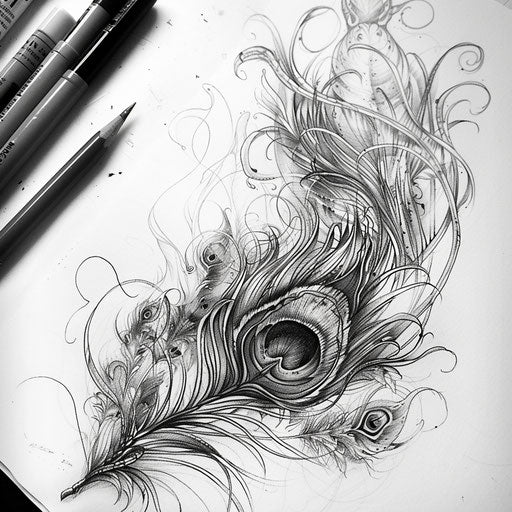 Surreal peacock feather tattoo sketch blending dreamscapes and fantasy elements