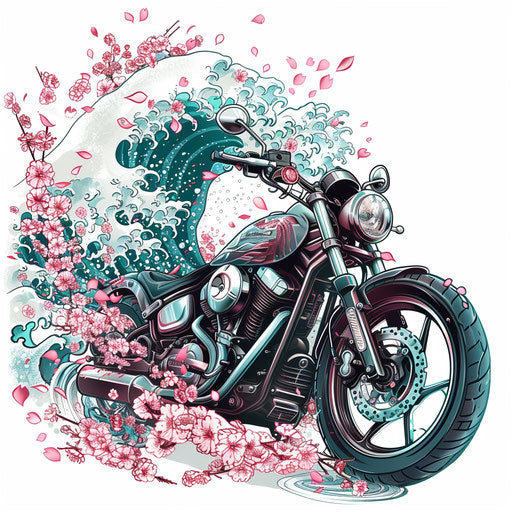 Japanese art motorcycle tattoo design, waves and blossoms