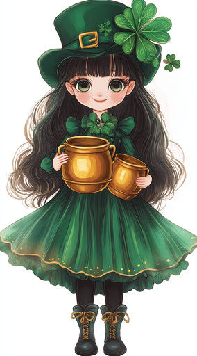 Cute girl in green with gold pots and clover leaves