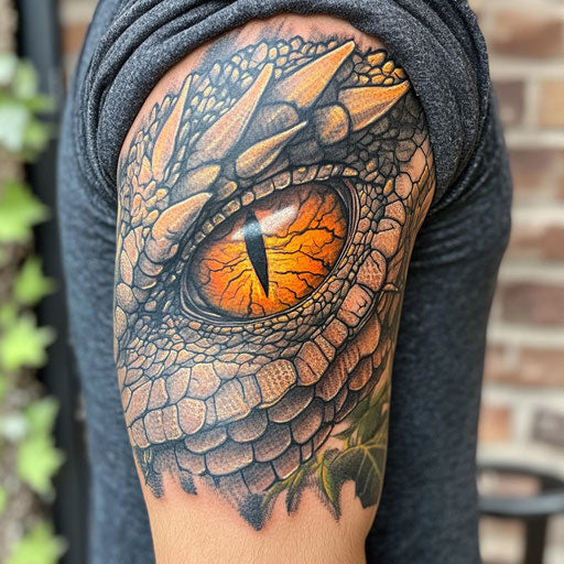 Quarter sleeve tattoo showcasing a dragon's eye and scales in the style of Gerald Brom