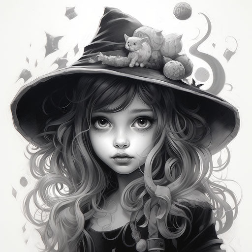 Cute Halloween girl with witch, black and white realism style