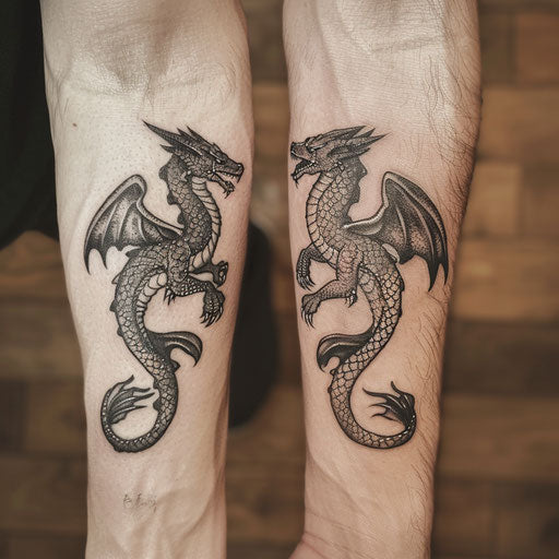Friendship tattoos in David Palumbo style with mythical creatures symbolizing bond