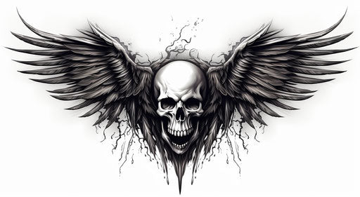 Skull with wings drawing in black and white, uhd style, tattoo, metal, edgy