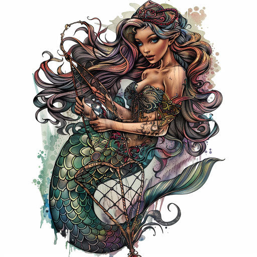 Fantasy-style tattoo illustration of a mermaid with a fishing net