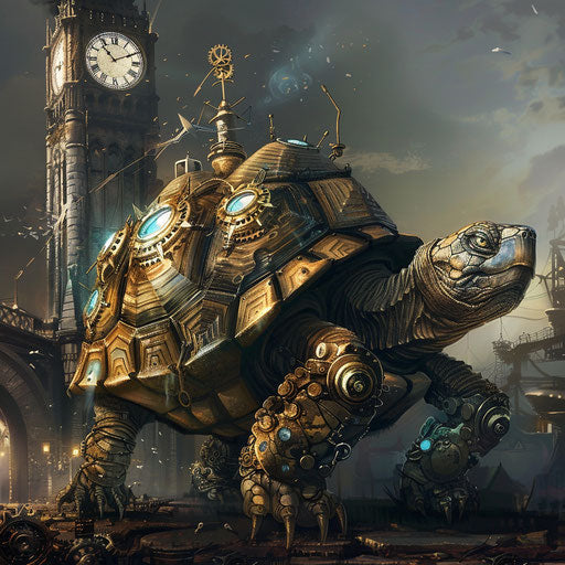 A steampunk turtle with mechanical limbs next to a clock tower