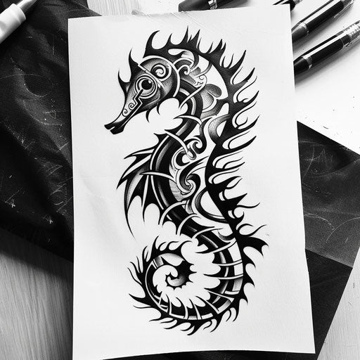 Bold black tribal style seahorse tattoo sketch with sharp, interlocking patterns