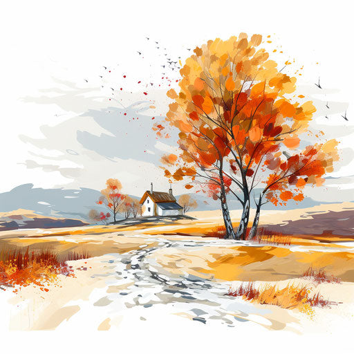 Fall images in the style of oil painting on white background