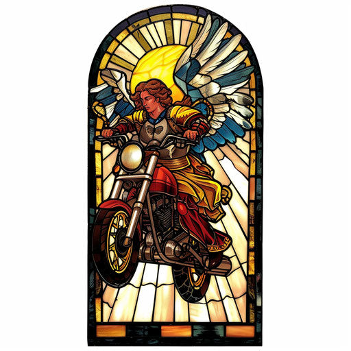 Stained glass tattoo stencil design of Archangel Michael riding a heavenly motorcycle on white background