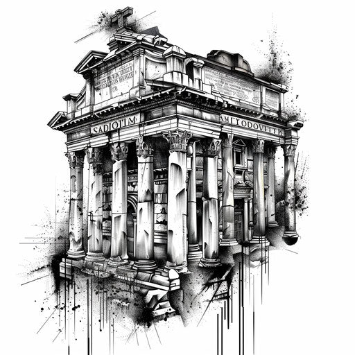 Neo-classical tattoo of a Roman forum richly detailed in black and grey on white