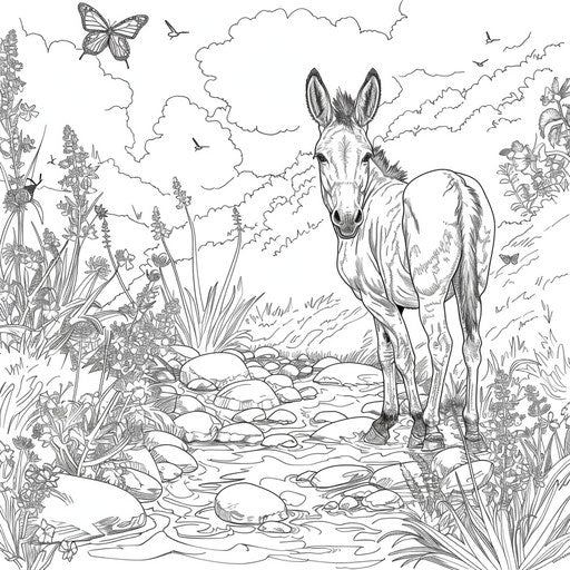 Donkey by a stream with butterflies and wildflowers