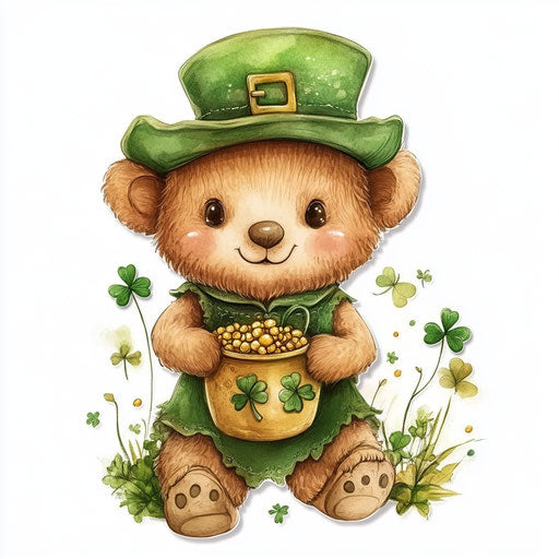 Cute teddy bear with green hat and matching outfit holding pot of gold