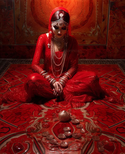 Red woman sitting on tile floor with henna on face