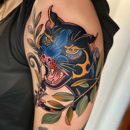 Neo-traditional panther tattoo with rich, deep colors and gold accents