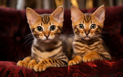 Two Bengal kittens on a couch, light maroon and dark gold