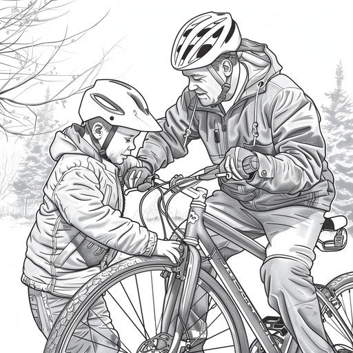 Father repairing bicycle, child watching closely