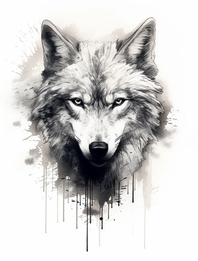 Black and white wolf head drawing, free brushwork style, textured illustrations
