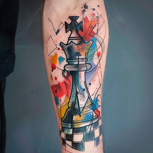 Colorful tattoo of a chess king piece on white background