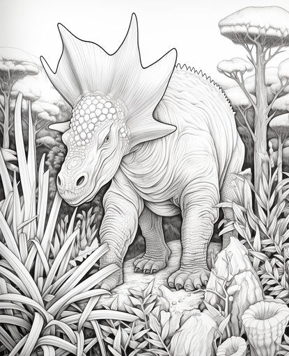 Triceratops coloring page, in the style of primordial creatures, realist detail, destructive 25:31