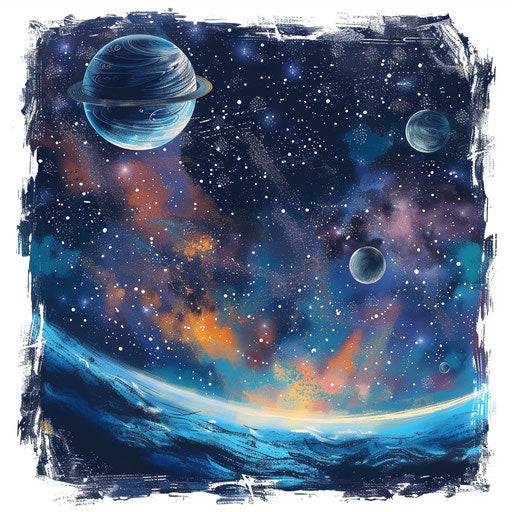 Celestial tattoo sketch of planets orbiting in a vibrant night sky