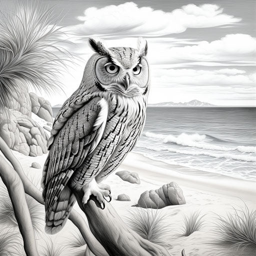 Owl on a deserted beach coloring page