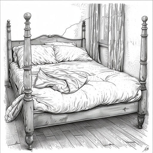 Realistic bed with detailed textures, Stephen Wiltshire style