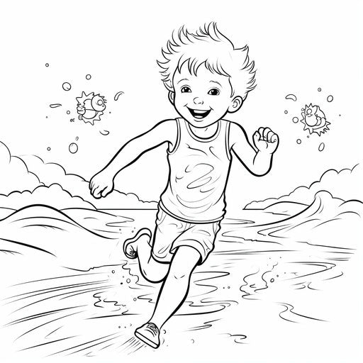 Joyful summer for kids coloring pages, captivating minimalist black and white style