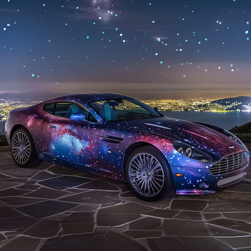 Space-themed Aston Martin DB7 Zagato with galaxy wrap, parked on a starry night overlook.