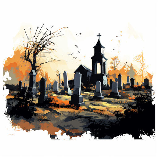Graveyard clipart in the style of Impressionistic Art, on a white background