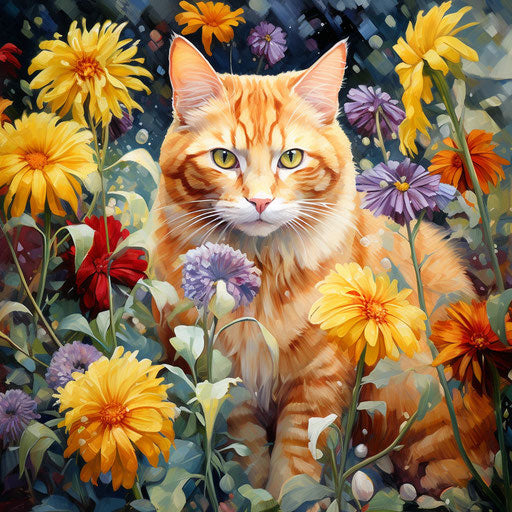 Ginger cat in a flower bed with beautiful flowers