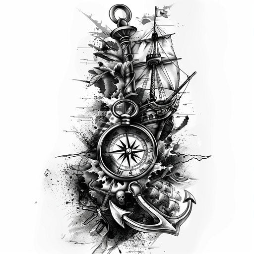 Vintage Nautical Black Tattoo Design, Anchors and Compass, on White